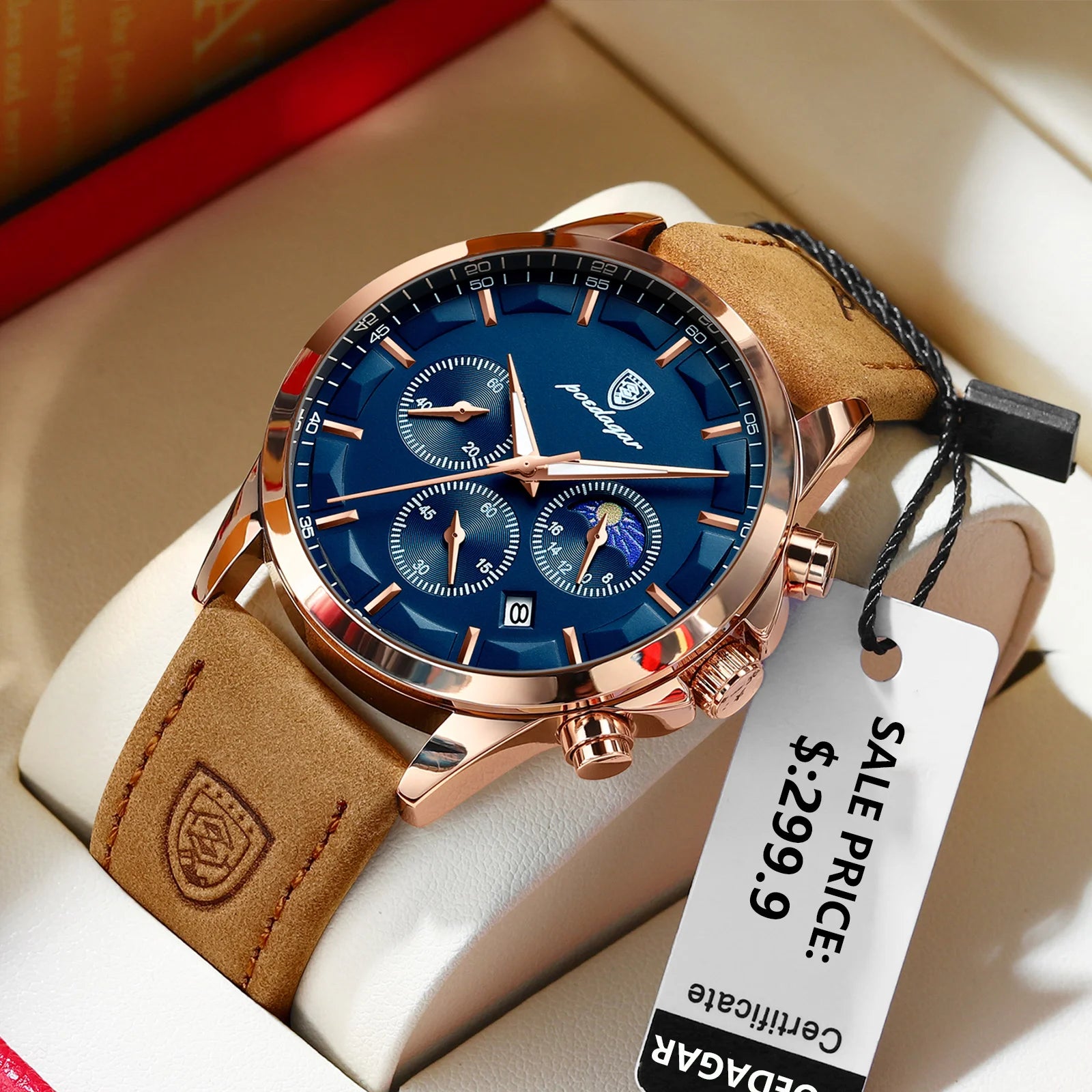 POEDAGAR Men’s Quartz Waterproof Chronograph Luminous Date Wristwatch Businessman Leather