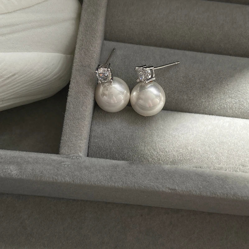 Women’s Round Pearl Pendant Stud Earrings Elegant Accessories for Daily Wear
