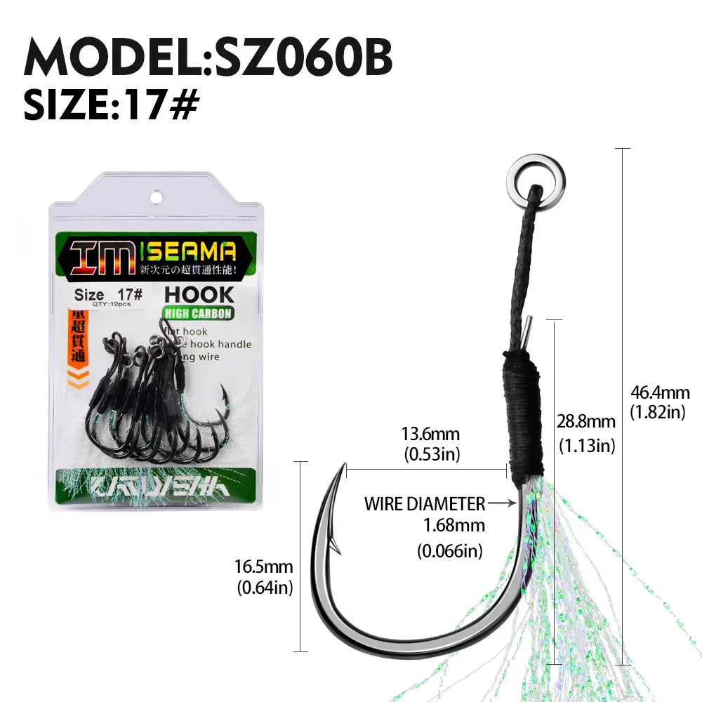 10 Assist Hooks 11-19# PE Line Feather Solid Ring Jigging Assist Fishhooks 5-80g Lures