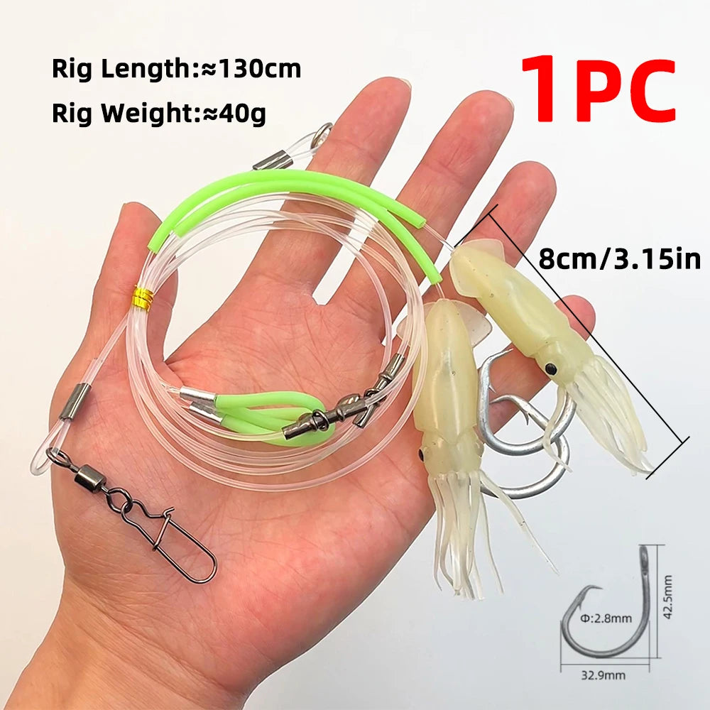Deep Drop Fishing 2 Hook Rig with Strong Mono Line Luminous Octopus Skirt Lure Grouper Snapper Tackle
