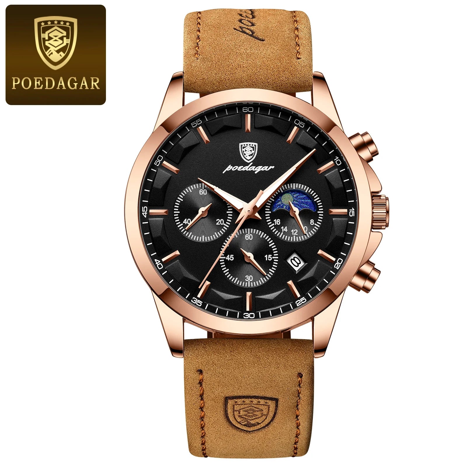 POEDAGAR Men’s Quartz Waterproof Chronograph Luminous Date Wristwatch Businessman Leather