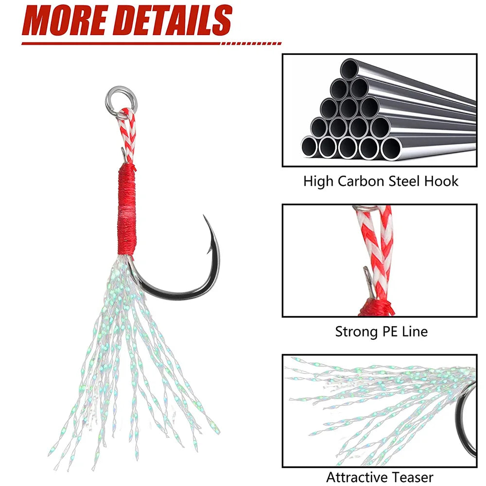 Assist Hooks for slow jigging Metal Jig Barbed Hook With Teaser Feather 50Pcs