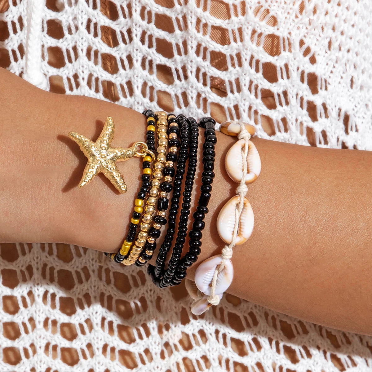 Tocona Bohemian Resort Style Shell Beaded Weaving Bracelet Beach Style Starfish Rice Beads Seven Piece Set for Women