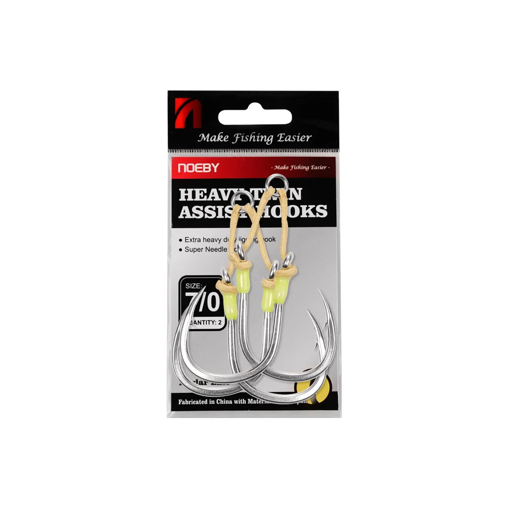 Heavy Duty Twin Assist Hooks, Kevlar Line, Solid Ring, Sharp High Strength Hooks 2PK, Size 3/0-7/0