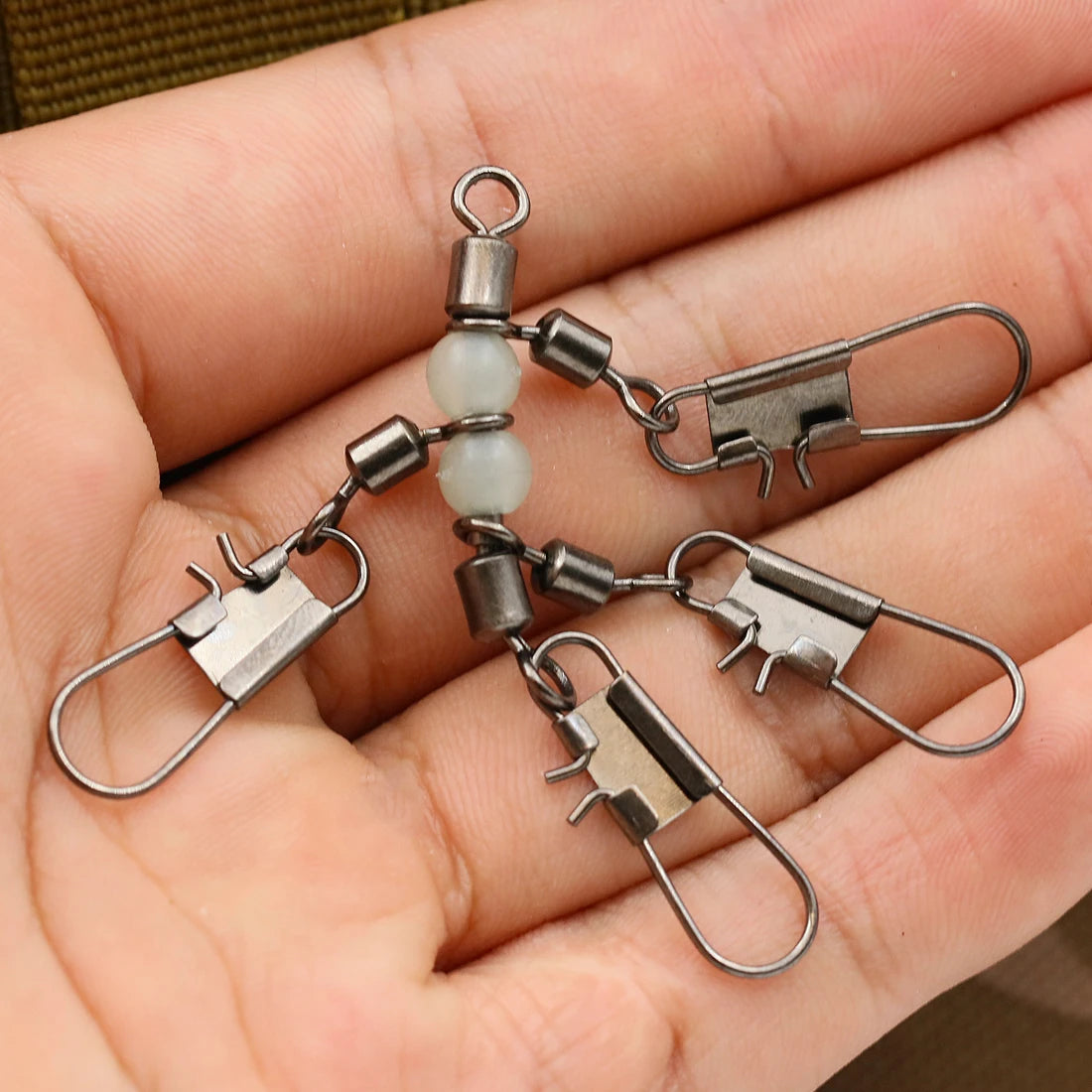 FishTrip 3 Way Swivels 10Pcs T Shape Cross Line Swivel with Glow Beads for Surf Fishing Connector Swivels Interlock Pin