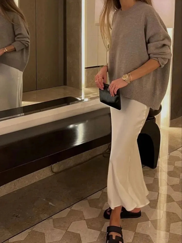 LuxeSatin Women Midi Skirt High Waist - Office Elegant Look