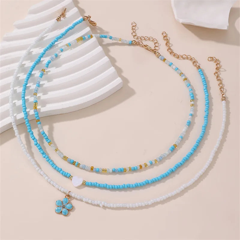 Bohemian Multilayer Rice Bead Chain Clavicle Necklace Vintage Acrylic Turtle Starfish Shell Pendant Choker Women Beach Jewelry