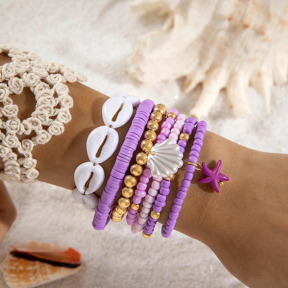 Tocona Bohemian Resort Style Shell Beaded Weaving Bracelet Beach Style Starfish Rice Beads Seven Piece Set for Women
