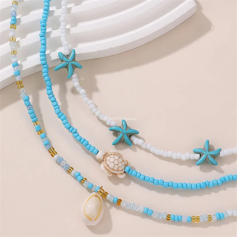 Bohemian Multilayer Rice Bead Chain Clavicle Necklace Vintage Acrylic Turtle Starfish Shell Pendant Choker Women Beach Jewelry
