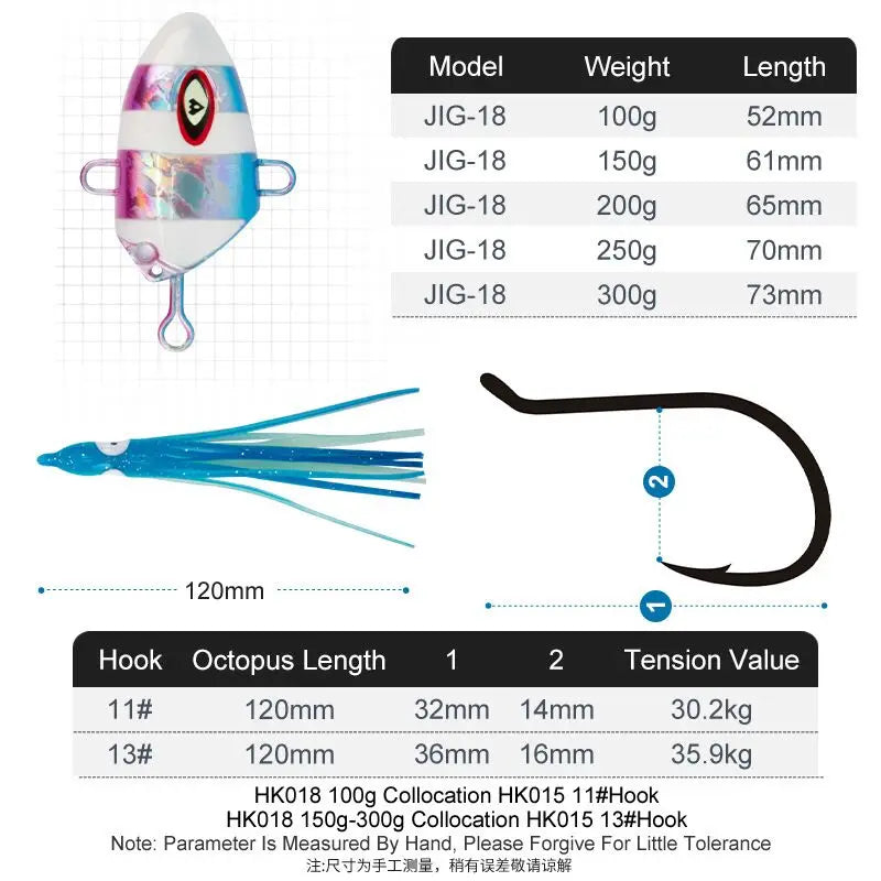 Kabura Bullet Metal Jig Heads Sinking Squid Skirt Lures Assist Hooks 100g - 300g