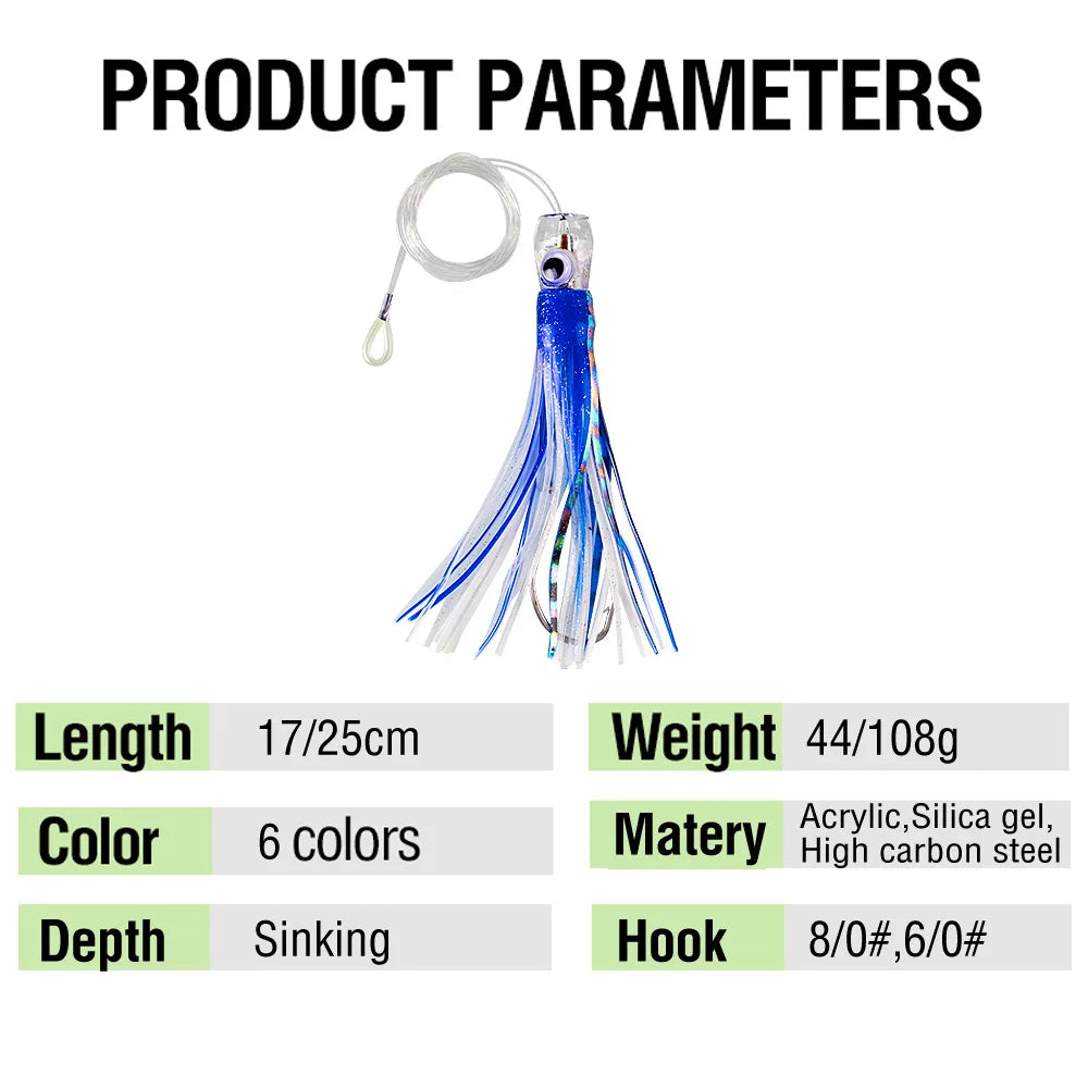 Resin Head Octopus Soft Skirt Trolling Lure Big Game Deep Sea Fishing for Marlin Tuna 1PC 17cm/25cm