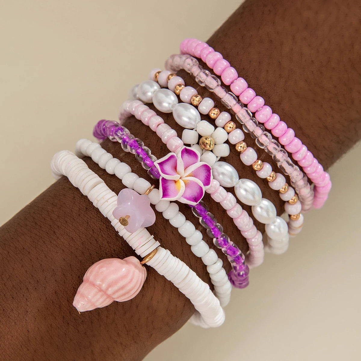 Tocona 5pcs/set Bohemian Imitation Pearl Bracelets for Women Ethnic Style Shell Beaded Bangles Summer Beach Jewelry
