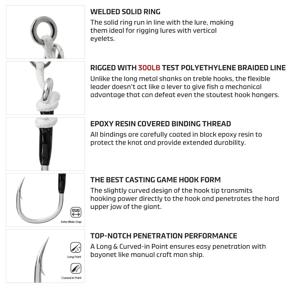 NOEBY Plugging Inline Single Assist Hook 5X Fishing Hooks 4/0 5/0 6/0 7/0 Lure Hooks Big Game Saltwater Tuna GT Fishing Tackle