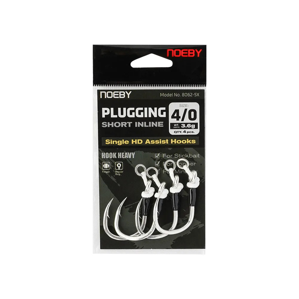 NOEBY Plugging Inline Single Assist Hook 5X Fishing Hooks 4/0 5/0 6/0 7/0 Lure Hooks Big Game Saltwater Tuna GT Fishing Tackle