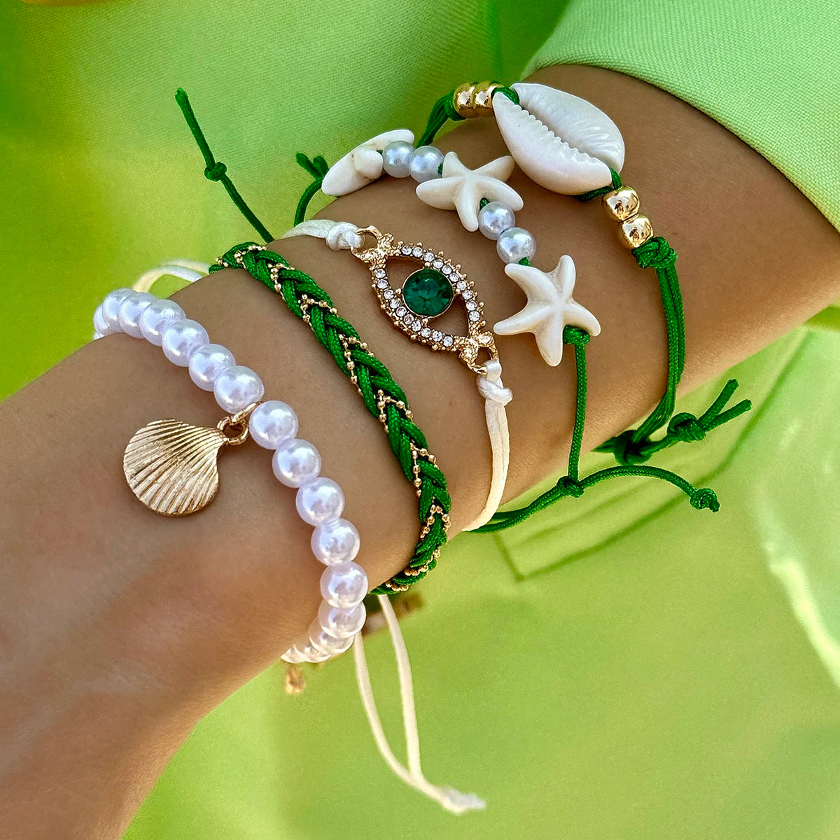 Tocona 5pcs/set Bohemian Imitation Pearl Bracelets for Women Ethnic Style Shell Beaded Bangles Summer Beach Jewelry