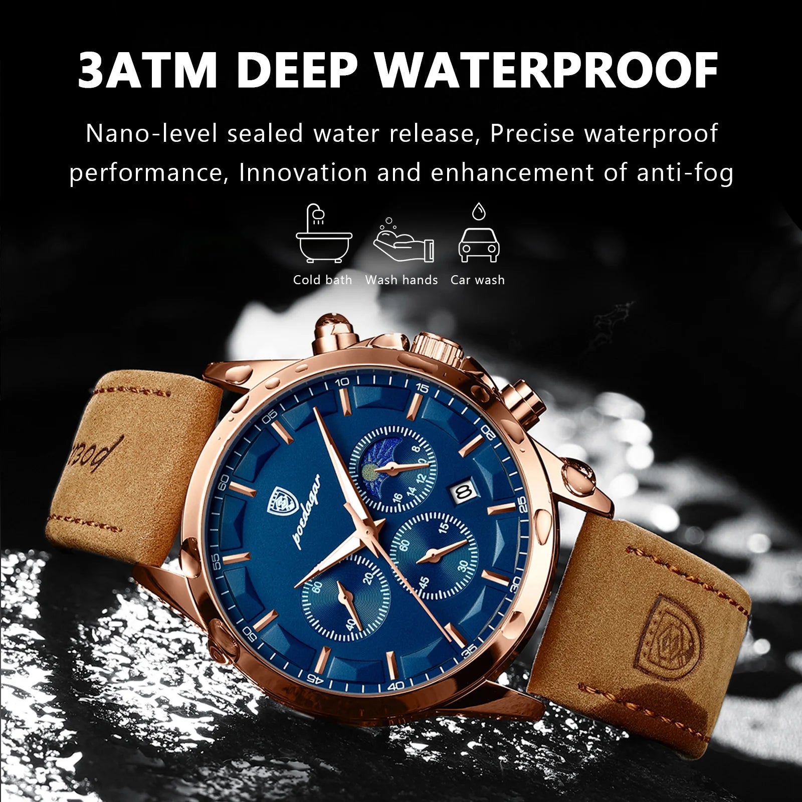 POEDAGAR Men’s Quartz Waterproof Chronograph Luminous Date Wristwatch Businessman Leather