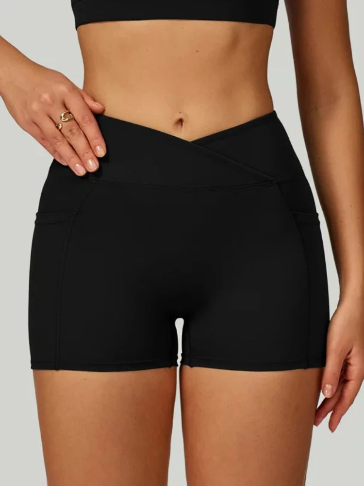 Women’s High Waisted Yoga Shorts Cross Waistband Tight Fitting Activewear