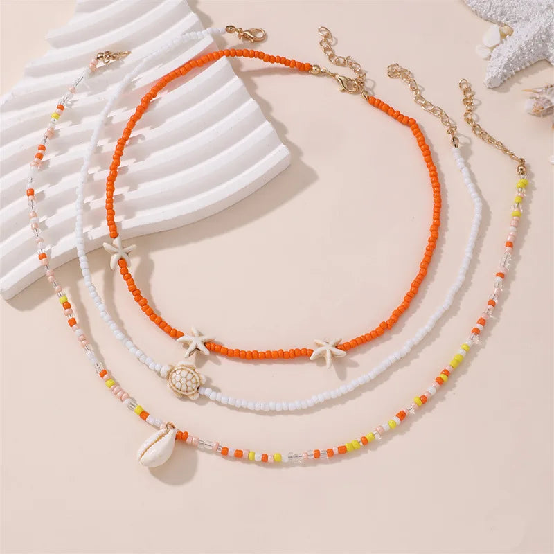 Bohemian Multilayer Rice Bead Chain Clavicle Necklace Vintage Acrylic Turtle Starfish Shell Pendant Choker Women Beach Jewelry