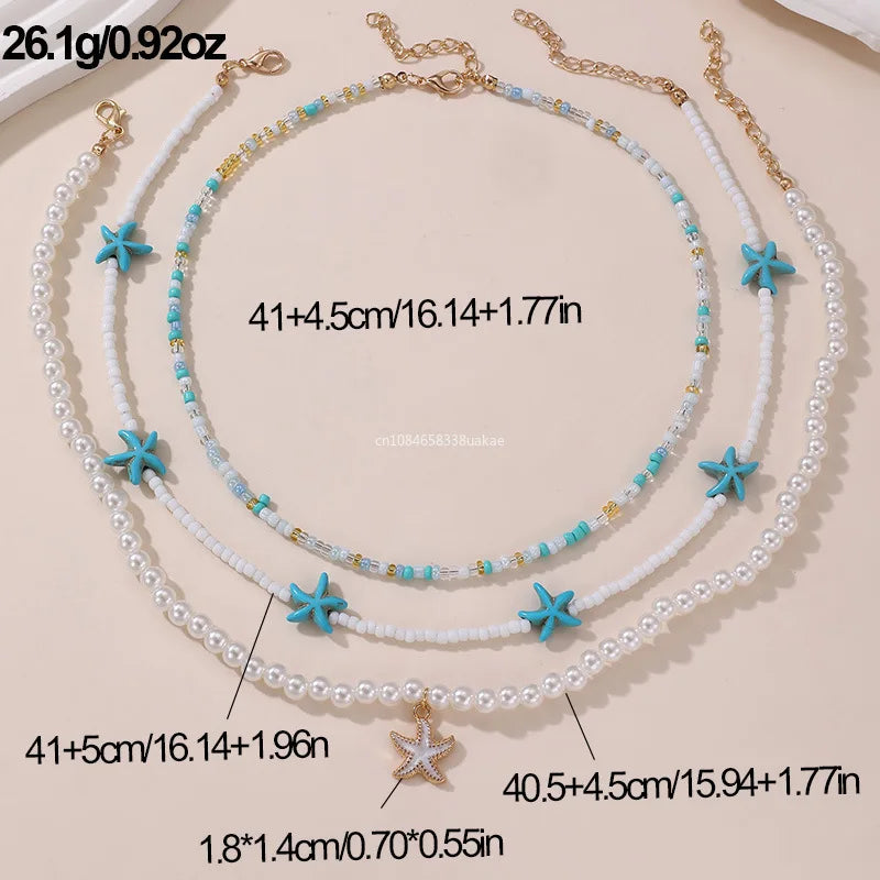 Bohemian Multilayer Rice Bead Chain Clavicle Necklace Vintage Acrylic Turtle Starfish Shell Pendant Choker Women Beach Jewelry
