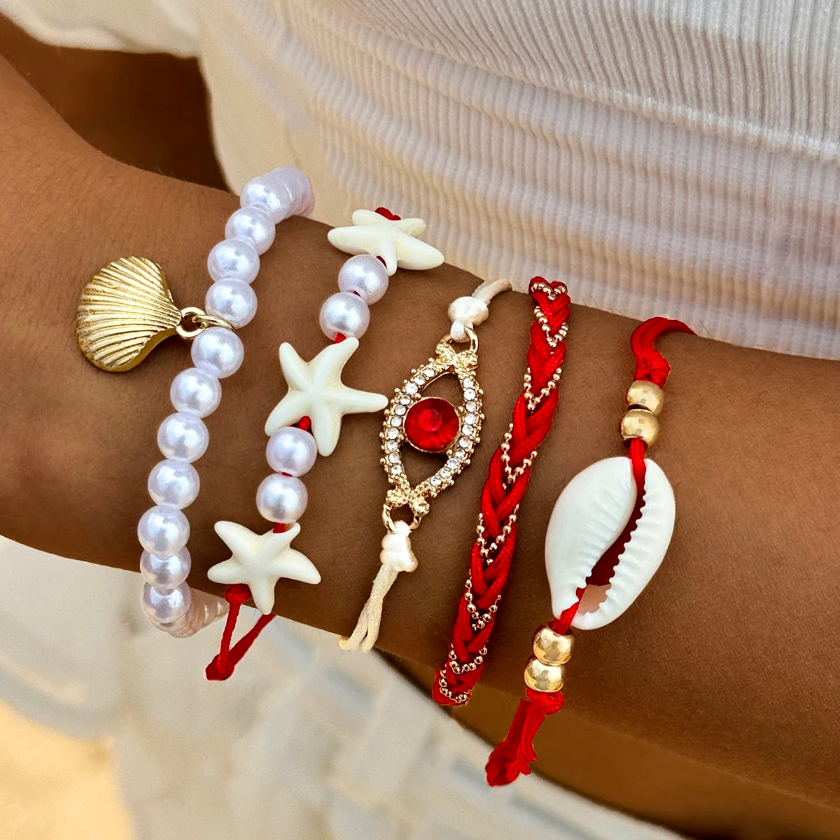 Tocona 5pcs/set Bohemian Imitation Pearl Bracelets for Women Ethnic Style Shell Beaded Bangles Summer Beach Jewelry