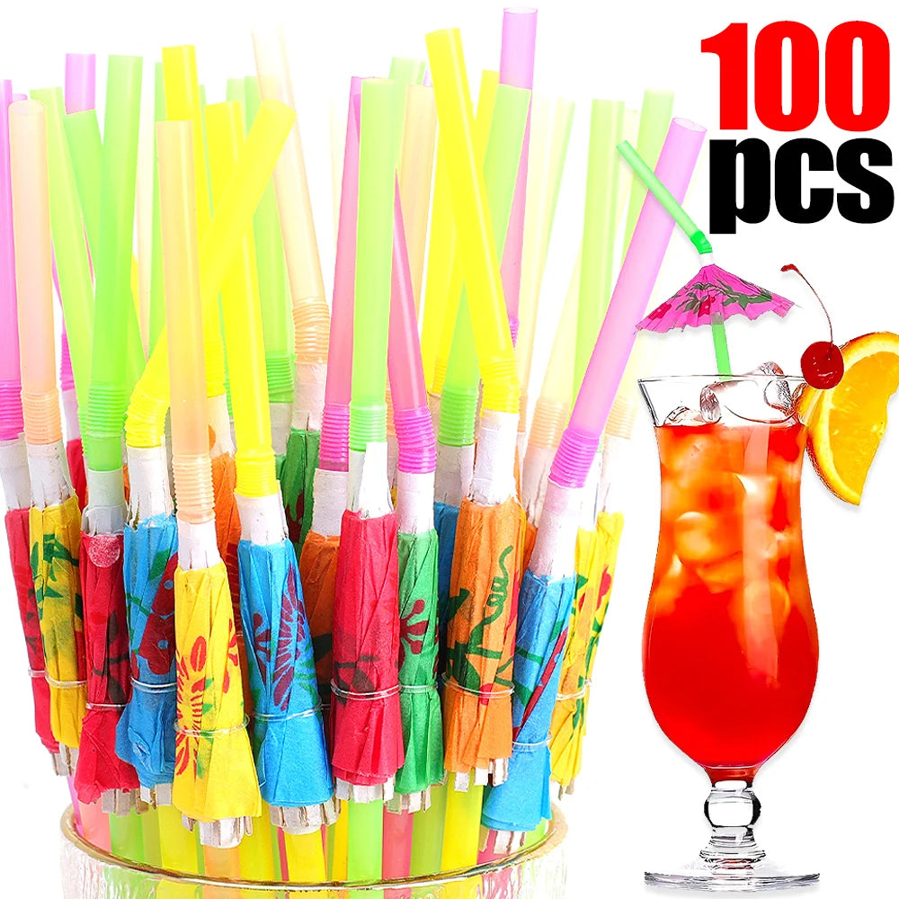 100/50/10Pcs Cocktail Umbrella Drinking Straw Disposable Bendable Straw Beach Theme Hawaii Parties Bar Cocktail Home Decoration