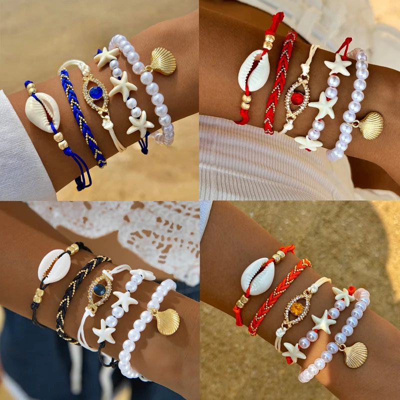 Tocona 5pcs/set Bohemian Imitation Pearl Bracelets for Women Ethnic Style Shell Beaded Bangles Summer Beach Jewelry