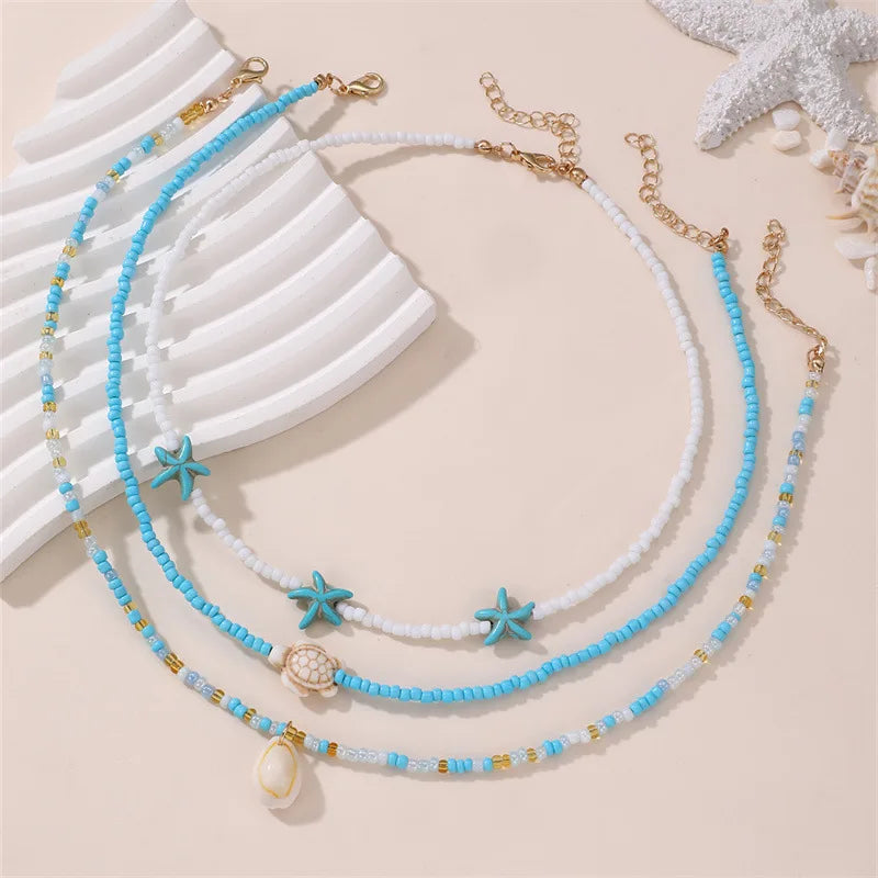 Bohemian Multilayer Rice Bead Chain Clavicle Necklace Vintage Acrylic Turtle Starfish Shell Pendant Choker Women Beach Jewelry