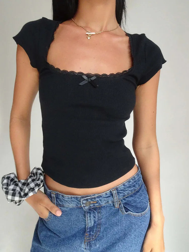 Y2K Vintage Cottage Lace Knit Tee - Square Neck Summer Vibe