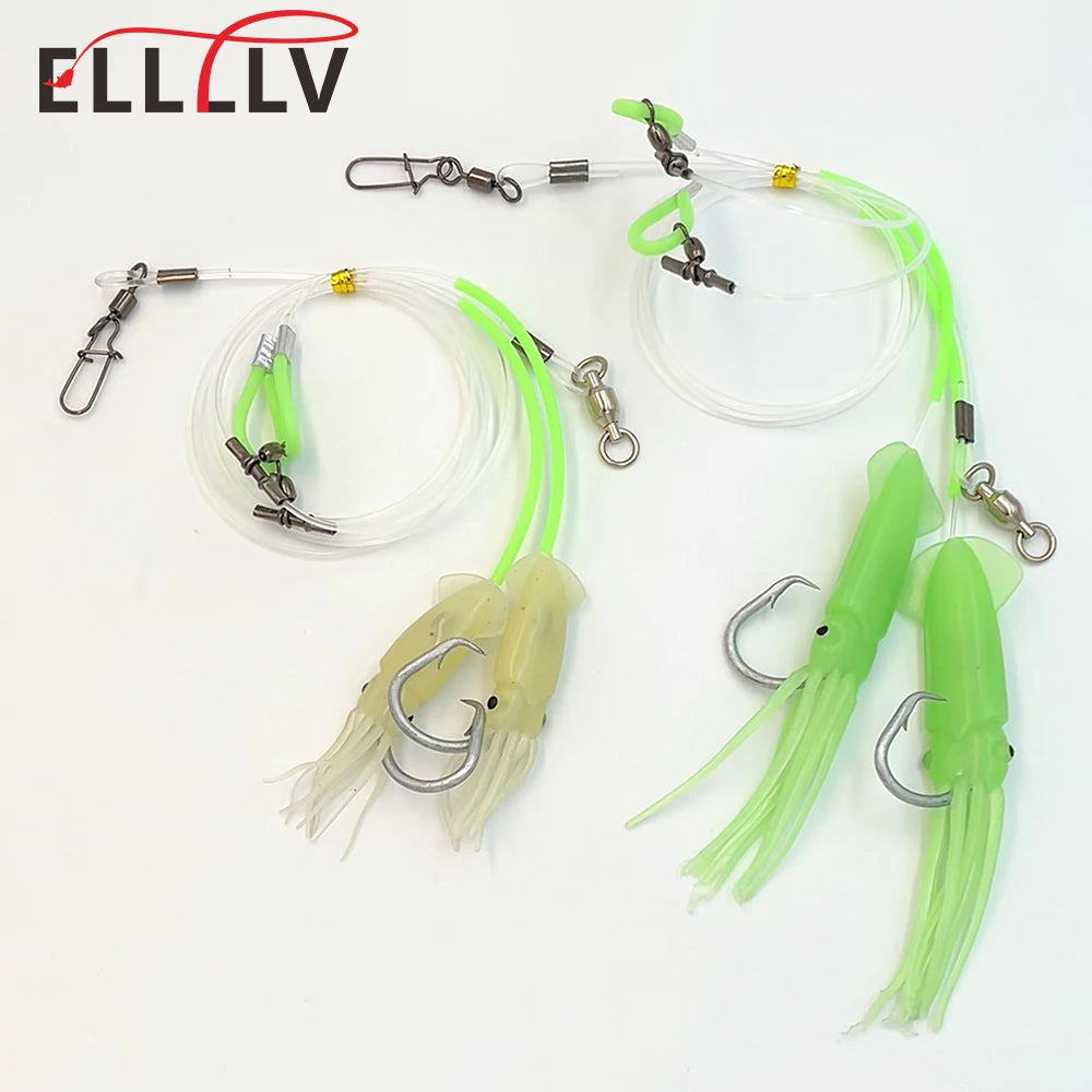 Deep Drop Fishing 2 Hook Rig with Strong Mono Line Luminous Octopus Skirt Lure Grouper Snapper Tackle