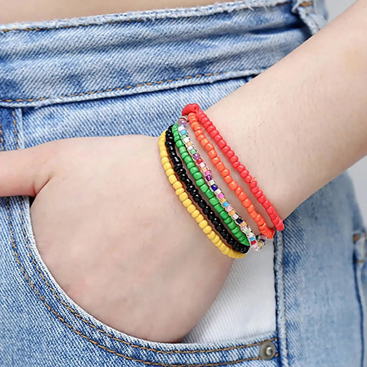 17Pcs Random Color Elastic Beaded Bracelets, Colorful, Bohemian Beaded Stretch Bracelets