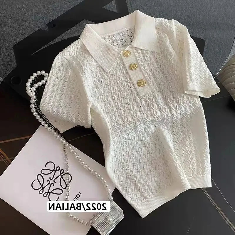 Ice Silk Polo Shirt Classy Knitted Short Sleeve Chic Thin Unique Women Tops