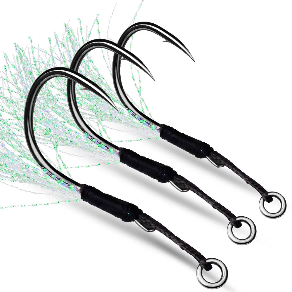 10 Assist Hooks 11-19# PE Line Feather Solid Ring Jigging Assist Fishhooks 5-80g Lures