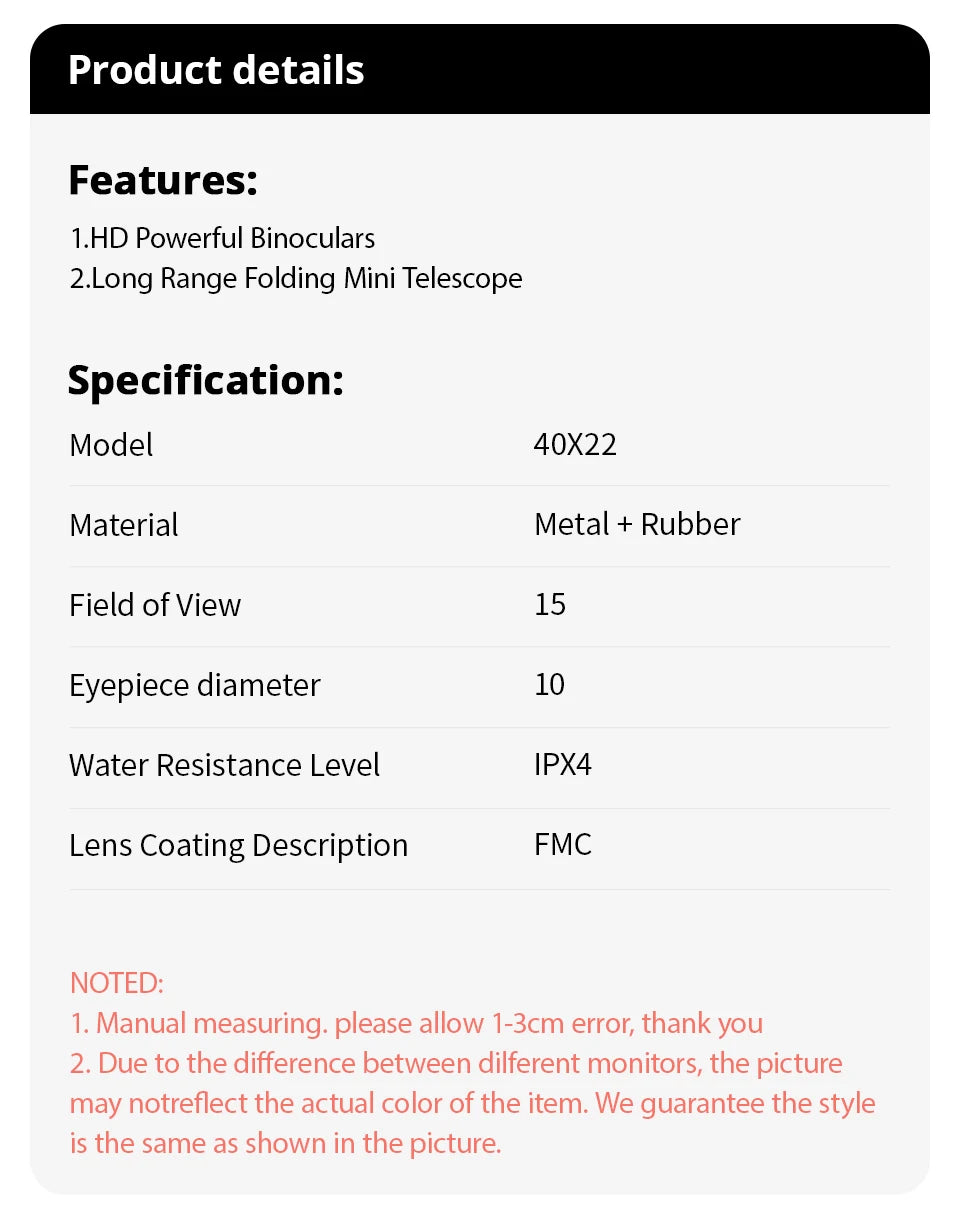Choice 40x22 HD Binoculars Folding 2000m - Long Range View