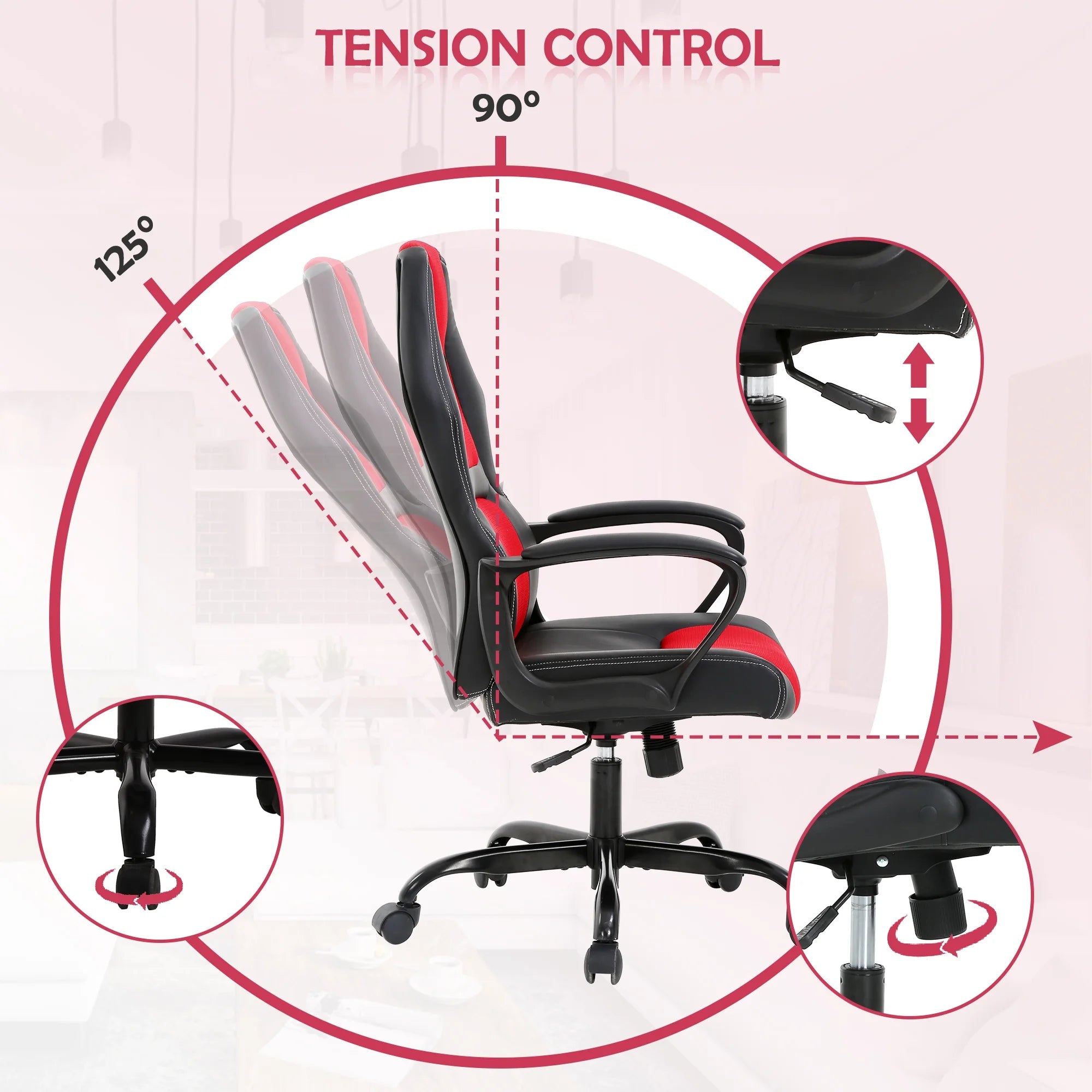 Gaming Chair PC Gaming Chair Gaming Chairs for Adults, Computer Chair PU Leather Office Desk Chair with Arms & Back Ergonomic High-Back Video Game Chair(Red）