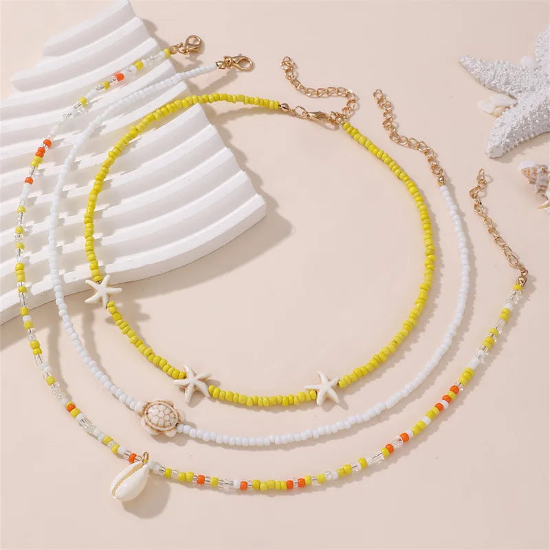 Bohemian Multilayer Rice Bead Chain Clavicle Necklace Vintage Acrylic Turtle Starfish Shell Pendant Choker Women Beach Jewelry