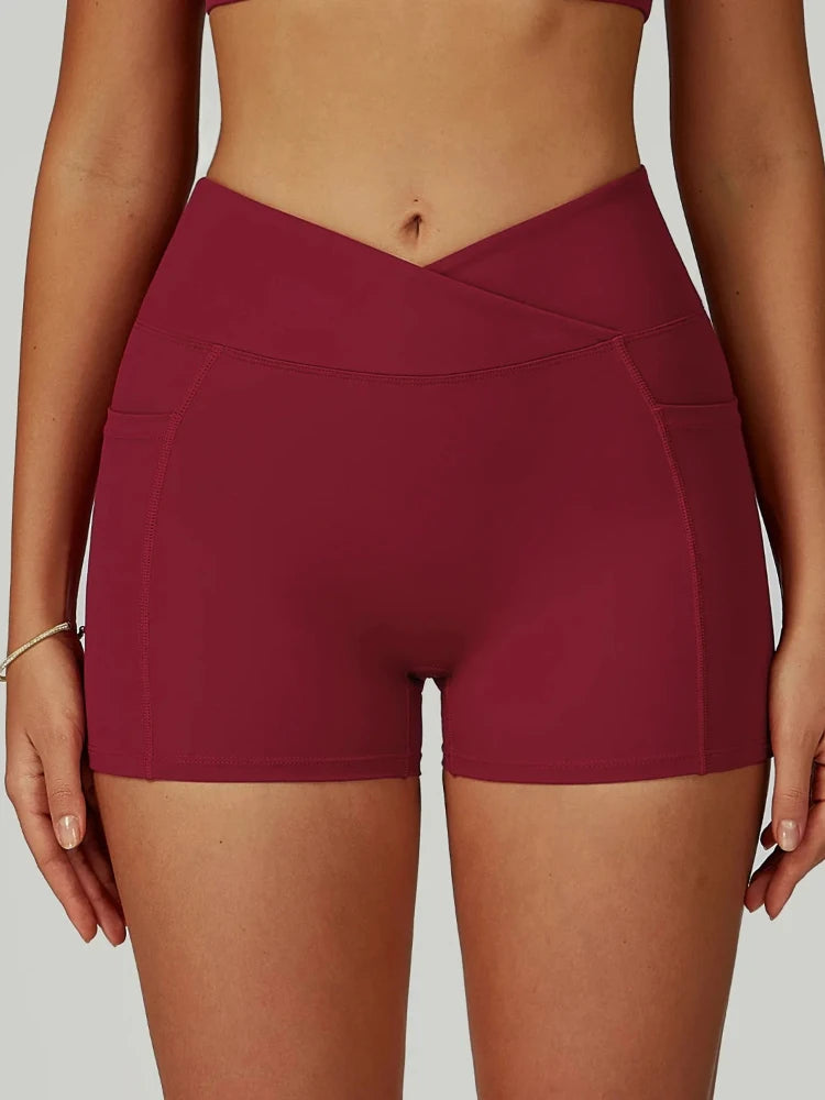 Women’s High Waisted Yoga Shorts Cross Waistband Tight Fitting Activewear