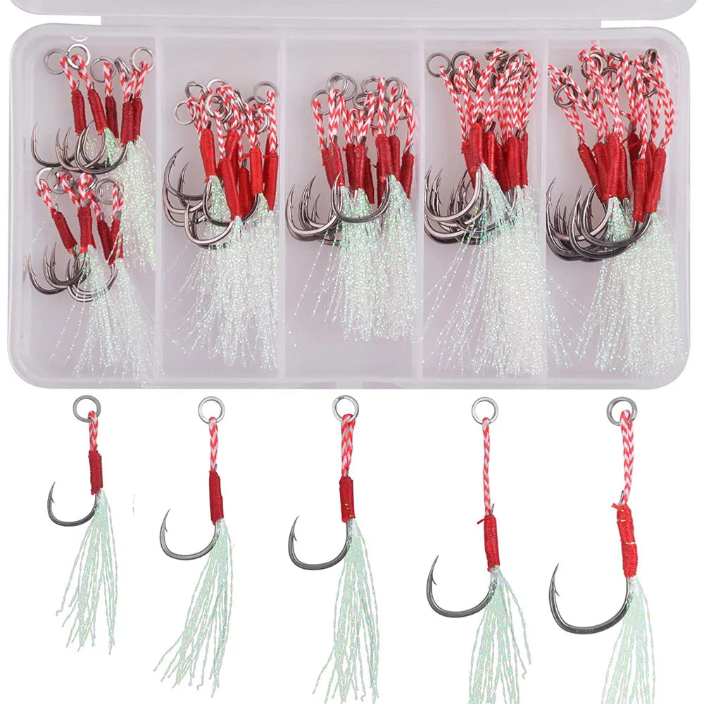 Assist Hooks for slow jigging Metal Jig Barbed Hook With Teaser Feather 50Pcs