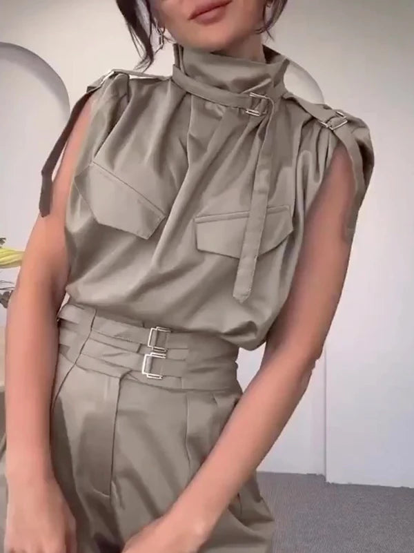 Women’s Sleeveless Blouse Original Stand Collar Buckle Tops for Women.