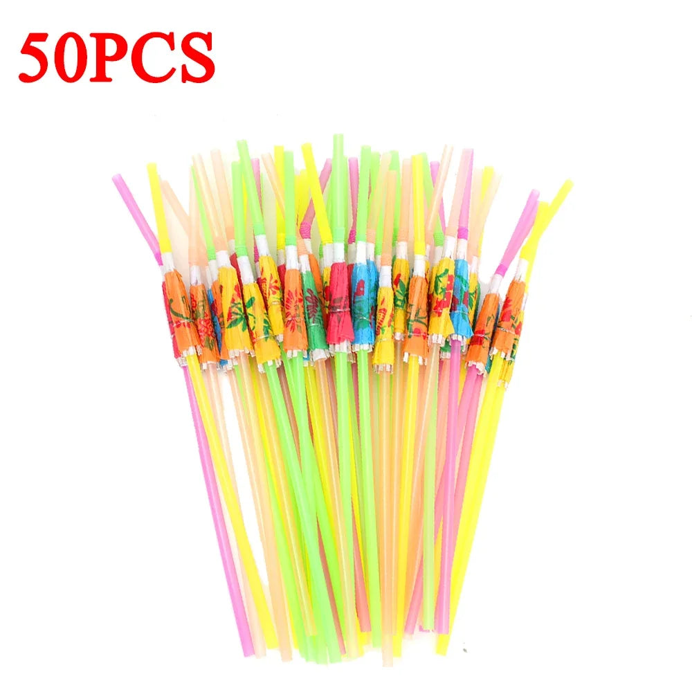 100/50/10Pcs Cocktail Umbrella Drinking Straw Disposable Bendable Straw Beach Theme Hawaii Parties Bar Cocktail Home Decoration