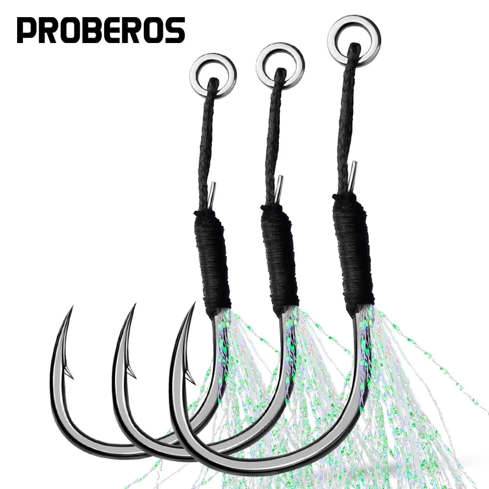 10 Assist Hooks 11-19# PE Line Feather Solid Ring Jigging Assist Fishhooks 5-80g Lures