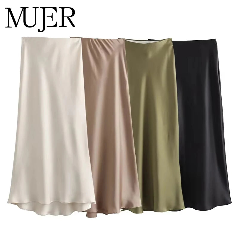 LuxeSatin Women Midi Skirt High Waist - Office Elegant Look