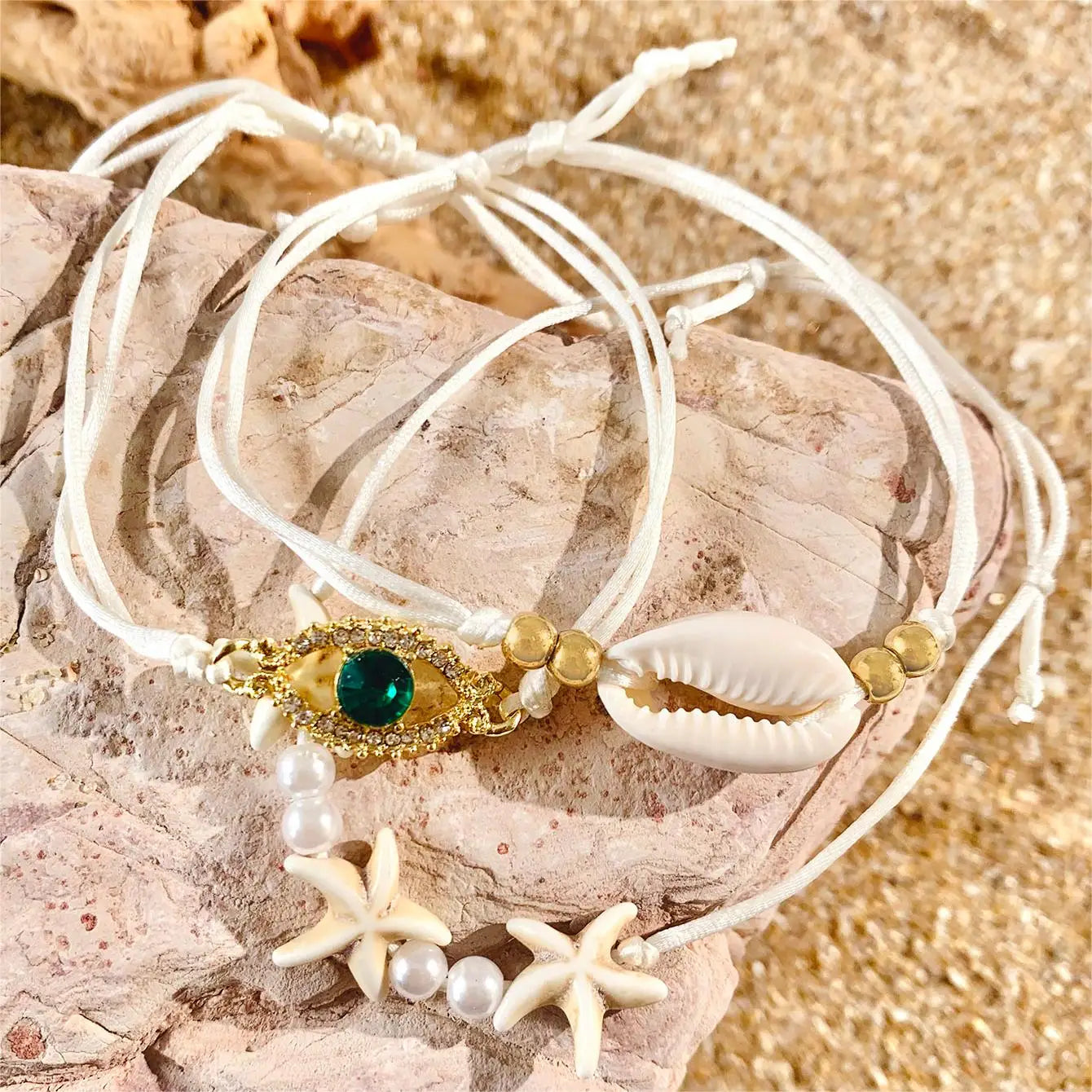 Tocona 5pcs/set Bohemian Imitation Pearl Bracelets for Women Ethnic Style Shell Beaded Bangles Summer Beach Jewelry