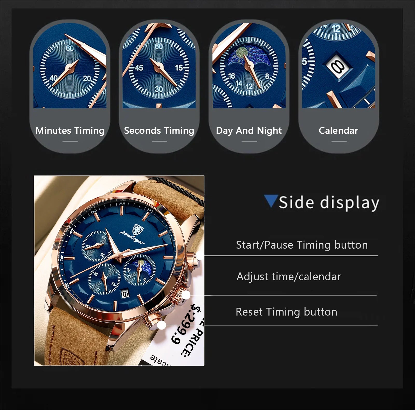 POEDAGAR Men’s Quartz Waterproof Chronograph Luminous Date Wristwatch Businessman Leather