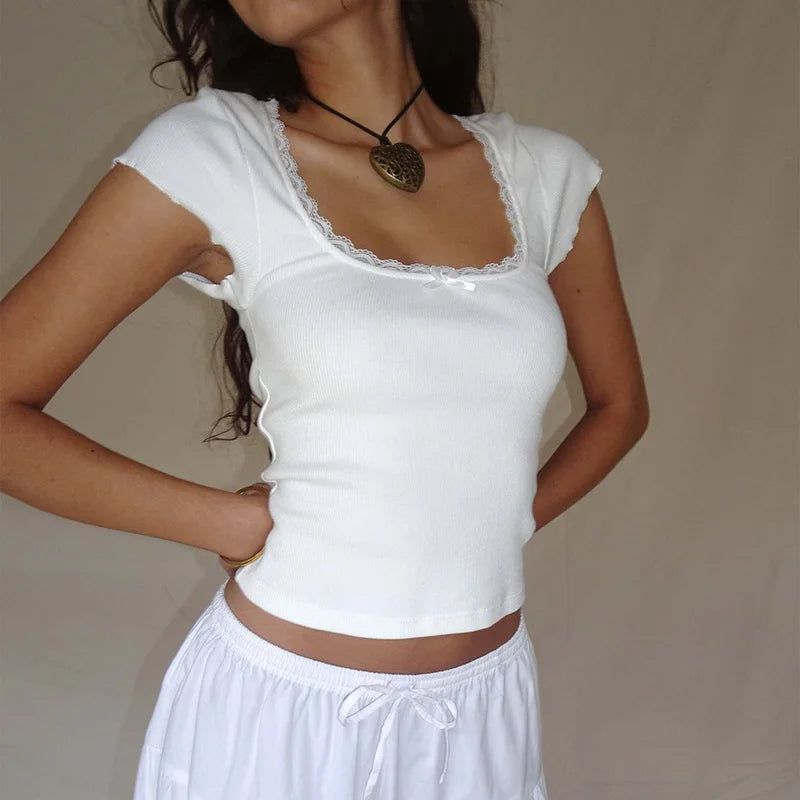 Y2K Vintage Cottage Lace Knit Tee - Square Neck Summer Vibe