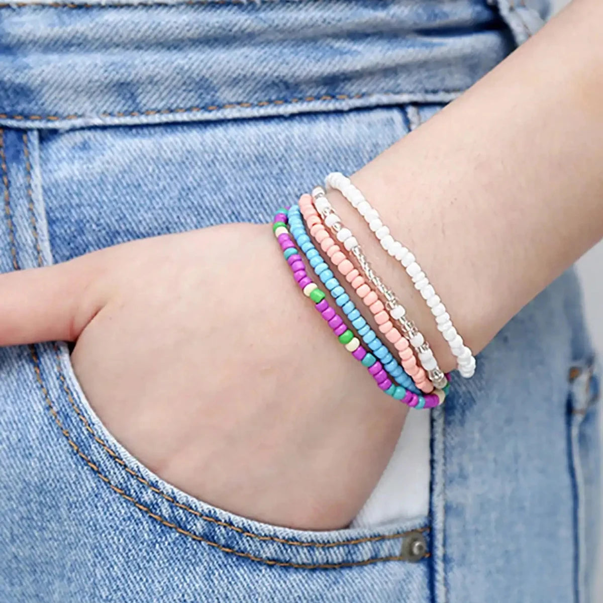 17Pcs Random Color Elastic Beaded Bracelets, Colorful, Bohemian Beaded Stretch Bracelets
