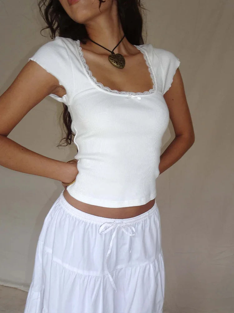 Y2K Vintage Cottage Lace Knit Tee - Square Neck Summer Vibe