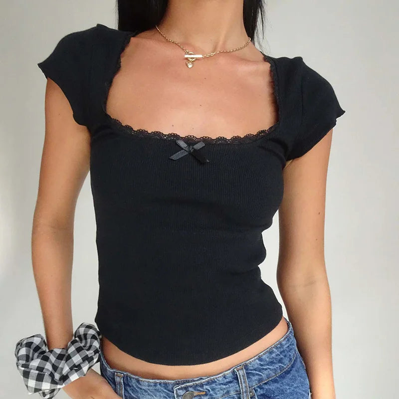 Y2K Vintage Cottage Lace Knit Tee - Square Neck Summer Vibe