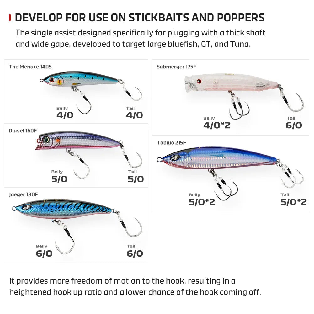 NOEBY Plugging Inline Single Assist Hook 5X Fishing Hooks 4/0 5/0 6/0 7/0 Lure Hooks Big Game Saltwater Tuna GT Fishing Tackle