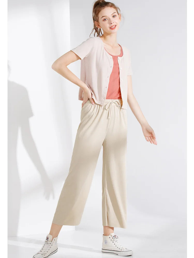 IceSilk Women Ankle Length Wide Leg Pants - Elastic Waist