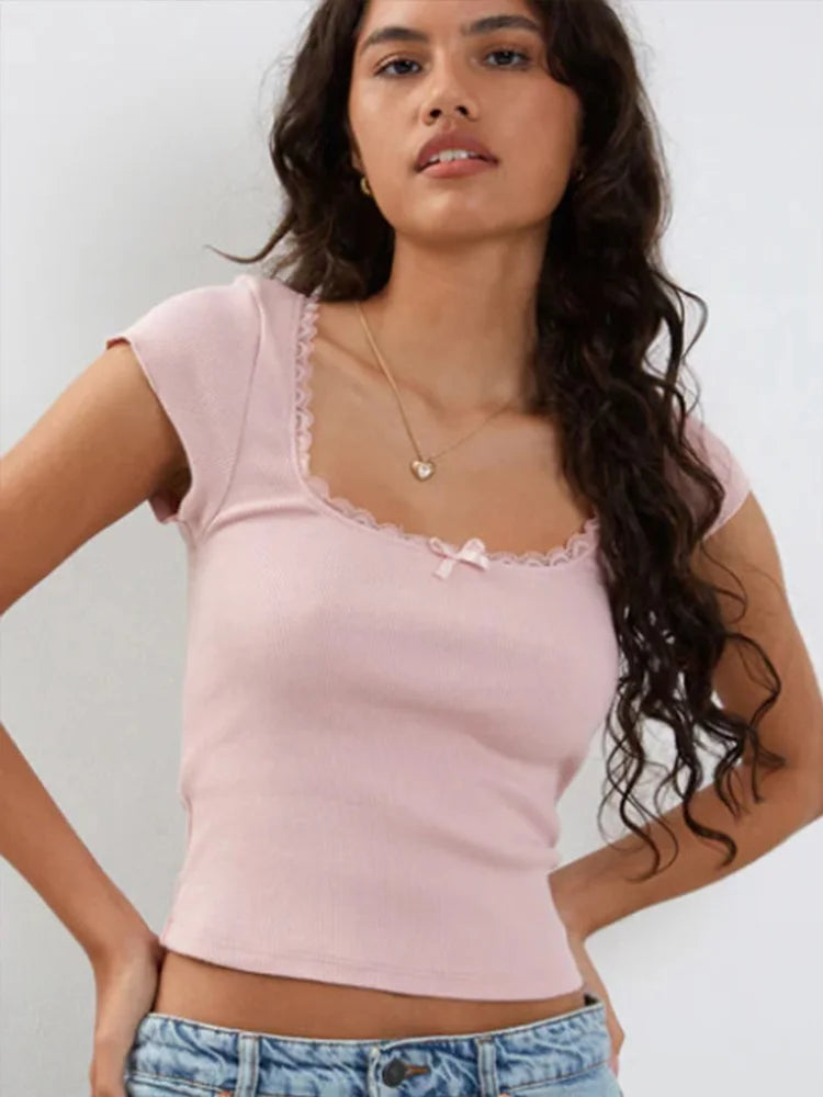 Y2K Vintage Cottage Lace Knit Tee - Square Neck Summer Vibe